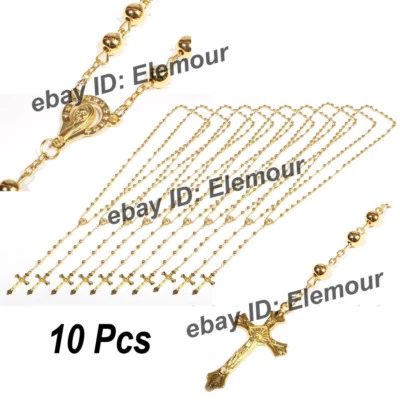 10X Catholic Gold tone Beads Rosary Necklace Lot of 10pc  wholesale  (US SELLER) - Image 1 of 3