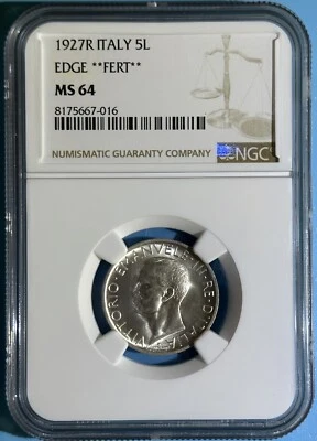 Italy 1927 R Silver 5 Lire Kingdom Decimal Coinage Better Type **Fert** NGC MS64 - Image 1 of 2