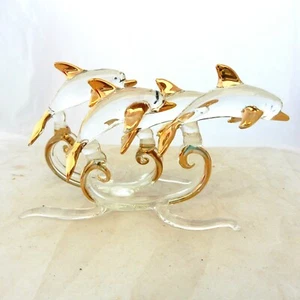 Verre étiré doré or fin - LES 4 DAUPHINS 8 cm de h sur 14 cm de long DOLPHIN - Bild 1 von 3