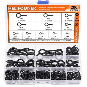 200 Pieces 11 Sizes Black Zinc Plated Steel Screw Eyes Assortment Kit - Picture 1 of 12