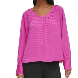 Calvin Klein Woven Tiled Chiffon V-Neck Top Plus Size 3X Shocking Pink $99 NWT - Picture 1 of 9