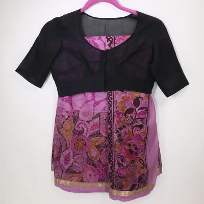 Conjunto Top Vestido Choli Sari Indio De Colección M Seda Malva Floral Negro Borde Dorado Foto 1 de 4