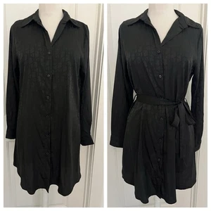 Black Classic shirt dress size large satiny silky long sleeves cocktail business - Picture 1 of 8