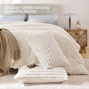 Smoofy 2 cozy pillow cases 20'x36' fluffy faux fur fleece stripe cream white - Picture 1 of 8