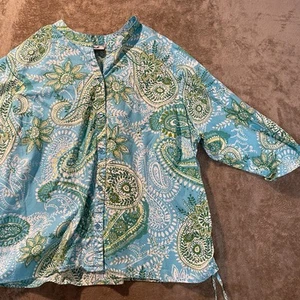 Caribbean Joe Shirt Womens 2X Plus Button Front Paisley Blue Green Island Vaca - Picture 1 of 7
