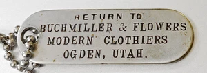 Vintage Charge Coin Tag: BUCHMILLER & FLOWERS MODERN CLOTHIERS; Ogden, Utah - Bild 1 von 2