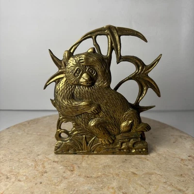 Vintage Brass Panda Bear Bamboo Napkin Holder Desk Organizer Trinket Dish - Image 1 of 4