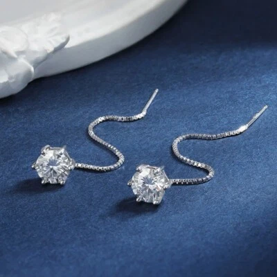 0.5/1Ct Round Real Moissanite Long Tassel Drop Earrings Hanging 18K Gold Plated - Image 1 of 4