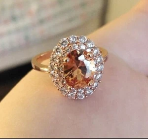 14k Rose Gold Over Silver Oval Morganite Halo White Topaz Accent Ring sz 6.75 - Picture 1 of 10