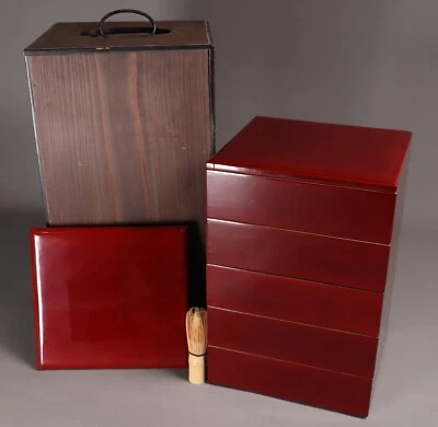 Japanese Lacquer Wooden 5 Tiered Boxes 13.39inch Jubako Tame-Nuri Lunch Bento - Image 1 of 4