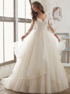 White/Ivory Lace Organza A Line Wedding Dress V Neck 3/4 Sleeve New Bridal Gown - Picture 1 of 3