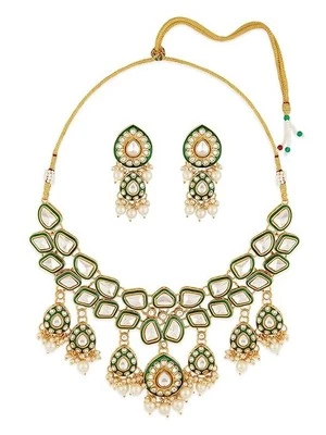 Conjunto de collar y pendiente nupcial Meenakari verde piedras deslumbrantes cuentas para mujer Foto 1 de 4