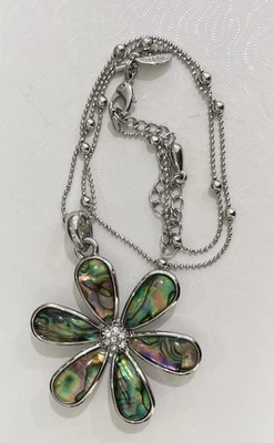 Lia Sophia Abalone Flower Pendant Necklace Silver Tone Chain Signed 16" - 19" - Image 1 of 4