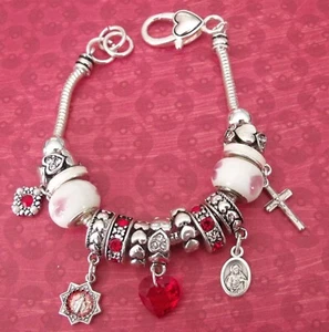 NEU EURO STIL religiös katholisch Medaillen Armband rot Kristall Herz - Bild 1 von 9