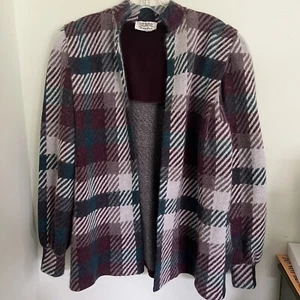 VTG St John for Neman Marcus Plaid Jacket Cardigan Maroon Multi Open /Angora? - Picture 1 of 9