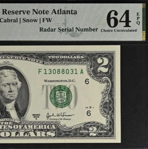 2003A $2 Federal Reserve Note PMG 64EPQ - Fancy Radar Serial Number 13088031 - Picture 1 of 3