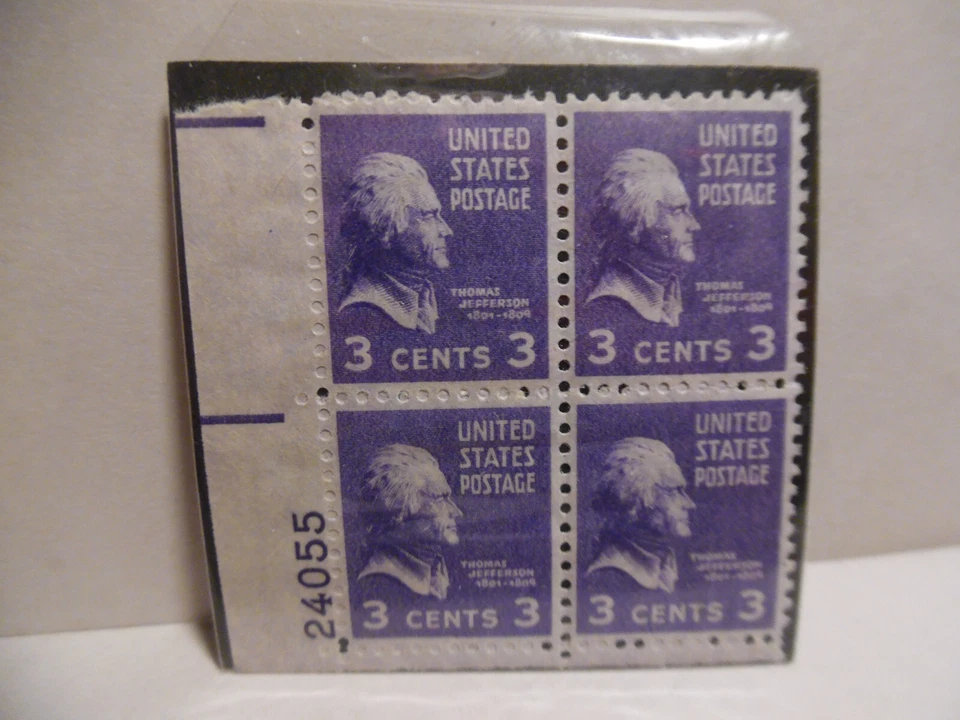 SCOTT STAMP # 807 JEFFERSON 3 CENT PLATE BLOCK - MNH - Image 1 of 1