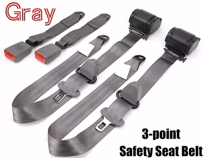 2 Retractable 3 Point Safety Gray Seat Belt Straps Vehicle Adjustable Belt Kit - Image 1 of 4