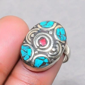 Red Coral Tibetan Turquoise Handmade Gift Jewelry Nepali Adjustable Ring SR 3022 - Picture 1 of 6