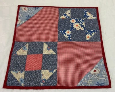 Antique Vintage Table Topper, Nine Patch With Triangles, Red, Blue, White - Image 1 of 4