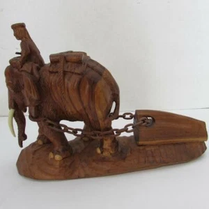 Elefante vintage in legno intagliato a mano con zanne e tronco da traino cavaliere - Foto 1 di 1