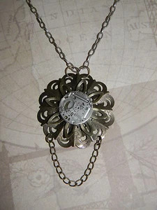 Steampunk Necklace Victorian Style Filligree Rotating WatchMovement Cosplay OOAK - Picture 1 of 10