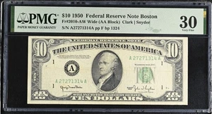 1950 $10 BOSTON FRN PMG 30 Fr#2010-AW Wide (AA Block) Rare AW Wide Graded   - Picture 1 of 2