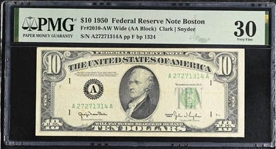 1950 $10 BOSTON FRN PMG 30 Fr#2010-AW Wide (AA Block) Rare AW Wide Graded   - Image 1 of 2