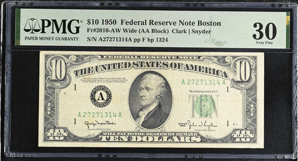 1950 $10 BOSTON FRN PMG 30 Fr#2010-AW Wide (AA Block) Rare AW Wide Graded   - Image 1 of 2
