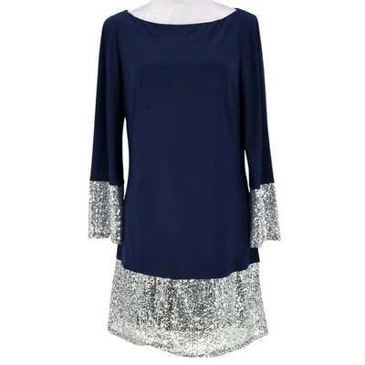Платье женское Oleg Cassini 8 темно-синее серебристое с блестками подол n манжеты эластичное трикотажное - Изображение 1 из 4
