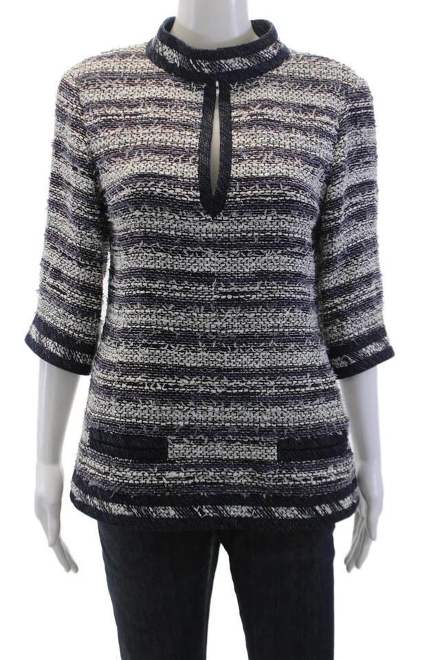 Женская текстурированная блузка Chanel из хлопковой смеси с v-образным вырезом рукав 3/4 топ синий размер 38 - Изображение 1 из 4