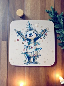 4er Set Faultier und Weihnachtsbeleuchtung Getränk Untersetzer - Bild 1 von 2