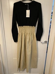 Zara BNWT Black & Beige Waisted Midi Dress Size 12 - Picture 1 of 7