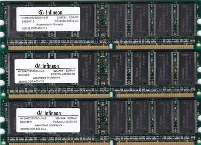 768MB 3x256MB DDR-400 INFINEON PC-3200 HYS64D32300GU-5-B DDR1 Desktop Memory Kit - Image 1 of 2