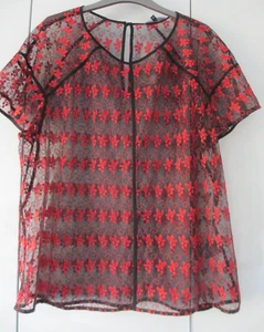 Next Black Sheer Lace Embroidered Red Floral Top Size 20 New With Tags - Picture 1 of 7