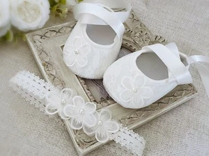 Girl Baptism Shoes in Off White, Christening Daisy Shoes and Daily Headband - Picture 1 of 10
