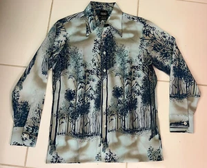 Vintage 80s Polyester Disco Shirt Size Medium Super Soft Silky Graphic  - Picture 1 of 5