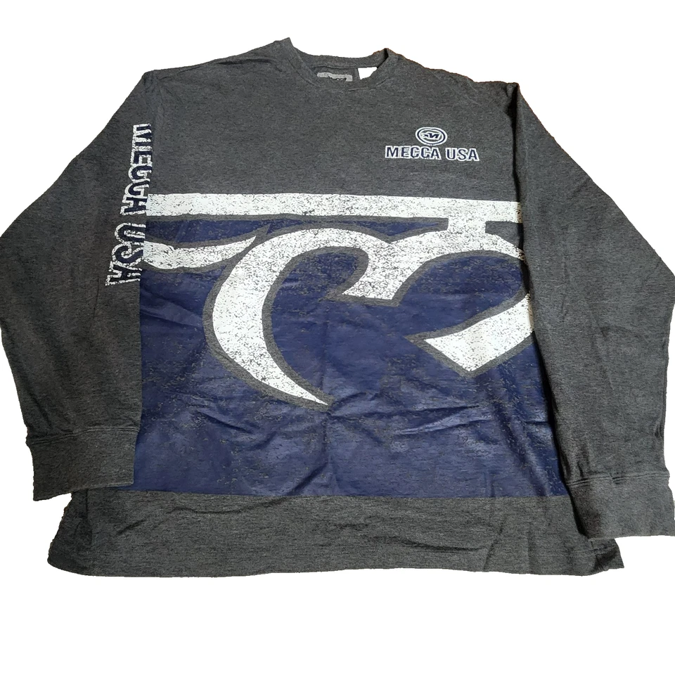 Vintage 90s Y2K Mecca Mens Tee XL Gray Blue Long Sleeve Hip Hop Logo Spellout - Image 1 of 4
