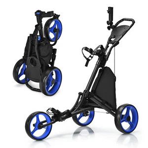 3-Wheel Foldable Golf Push Pull Cart Trolley w/ Adjustable Handle Blue - Picture 1 of 10