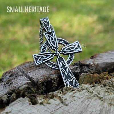 Stainless Steel Irish Celtic Cross Necklace Norse Viking Knot Large Pendant Men - Image 1 of 4