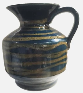vtg Italy art pottery Pitcher Vase cobalt blue yellow green  stripe Handle 5" - Picture 1 of 9