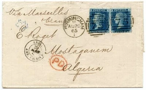 Escasa cubierta 1865 con 2 x 1858 2d placa azul 9 - 4d tarifa Birmingham a ARGELIA - Imagen 1 de 3