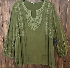 John Mark 1X Olive Green Embroidered Split Neck 3/4 Sleeve Tunic Top NWT - Picture 1 of 9