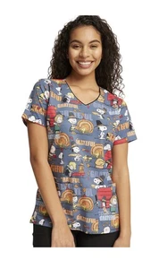 Peanuts Grateful Thanksgiving Scrub Top XS Snoopy Charlie Brown TF614 Uniform - Picture 1 of 5