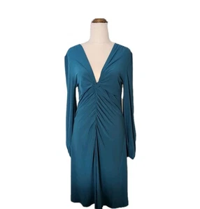 Joseph Ribkoff Blue Long Sleeve Midi Dress Size 10 V Neck Ruched Front - Picture 1 of 6