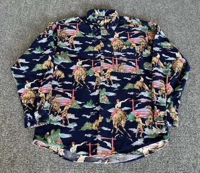 Bon Homme 复古西部法兰绒衬衫蓝色牛仔扣野马 AOP Rodeo 中号 — 第 1/4 张图片