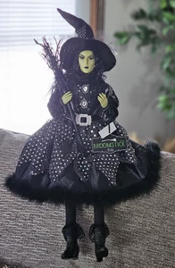 Halloween Witch Broomstick Black Dress Sequins Shelf Sitter Figurine 25” - Picture 1 of 21