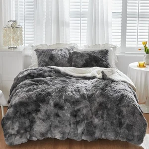 Shaggy Comforter Set Queen Size 3 Pieces Winter Faux Fur Queen, Black White - Picture 1 of 9