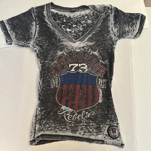 Affliction Women’s Medium T-Shirt Rebels 73 Live Fast Black Acid Wash Bling Y2K - Picture 1 of 14
