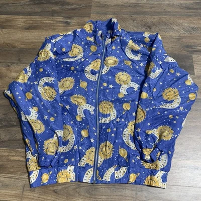 Vintage Silk Jacket Blue Celestial Planets Stars Sun Lavon Zipper Womens S Small - Image 1 of 4